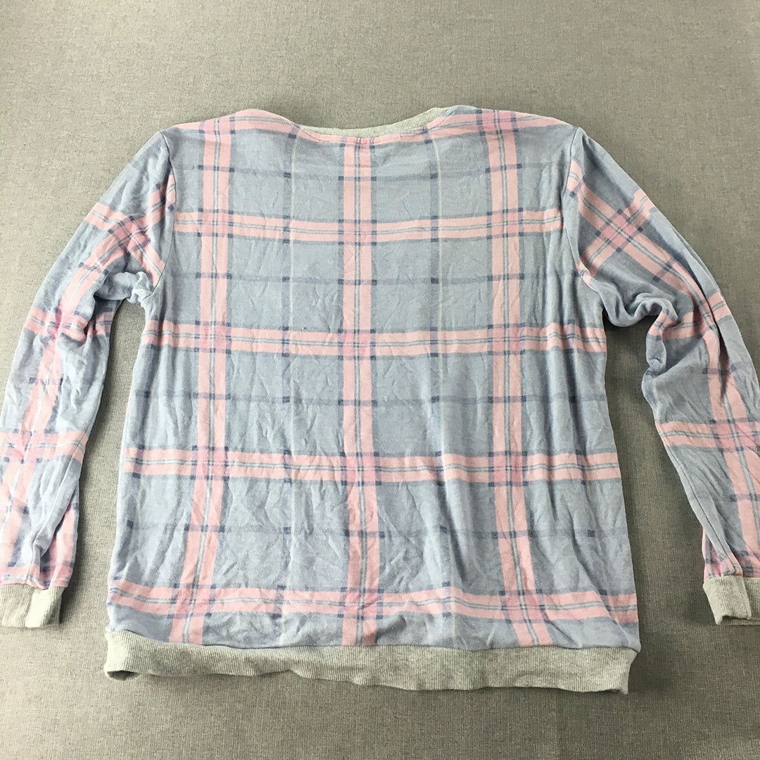 Peter Alexander Womens Sleep Shirt Size L Blue Pink Logo Long Sleeve Pajama