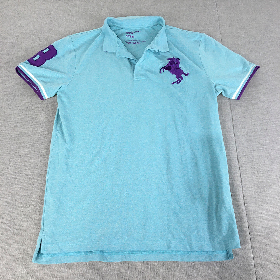 Giordano Mens Polo Shirt Size M Tapered Fit Blue Purple Logo Collared Rugby