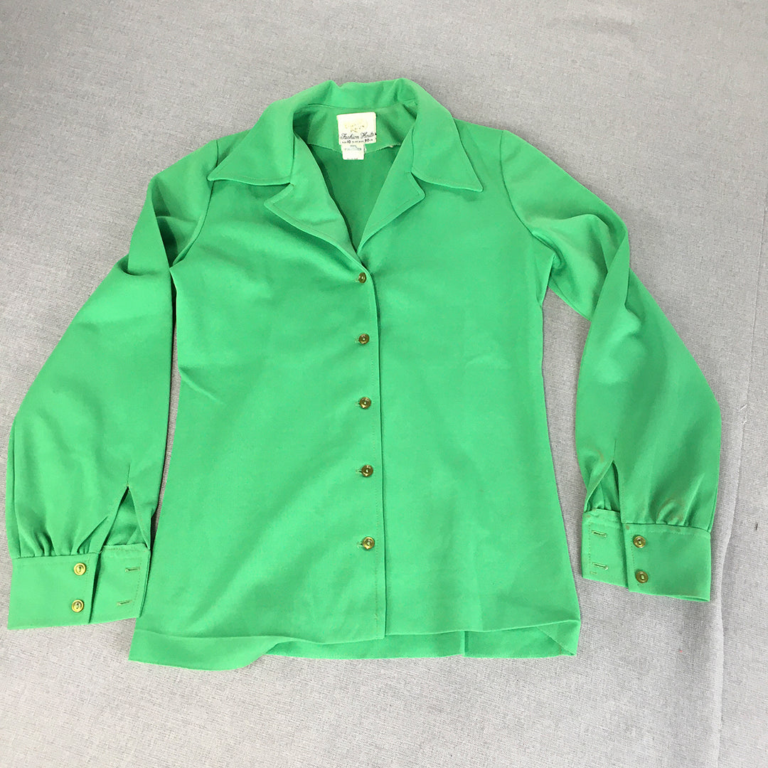 Vintage 70s 80s David Keys Womens Top Size 10 Green Button-Up Shirt