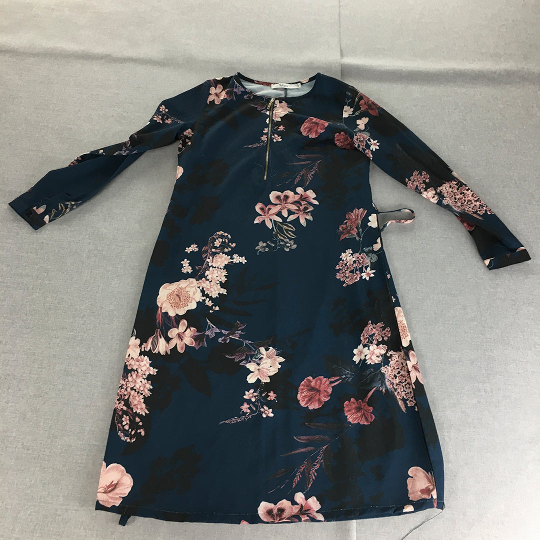 Tulips Womens A-Line Dress Size 8 Blue Floral Belted Knee Length