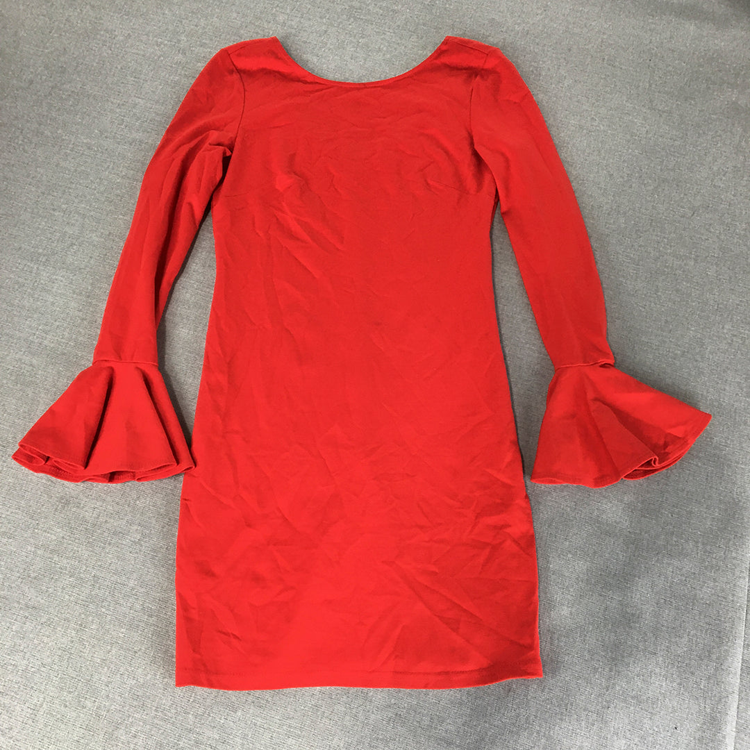 Mika & Gala Womens Mini Dress Size 8 Red Long Sleeve Flared Cuffs Stretch