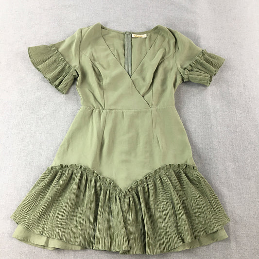 Blossom Womens Mini Dress Size 8 Khaki Green Surplice Neckline Fit Flare Pleated