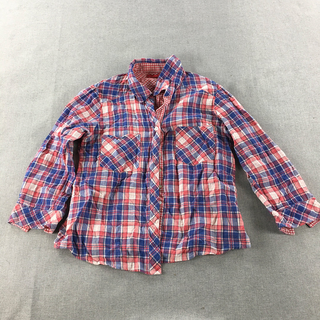 Chm Womens Flannel Shirt Size S Blue Red Checkered Long Sleeve Button-Up