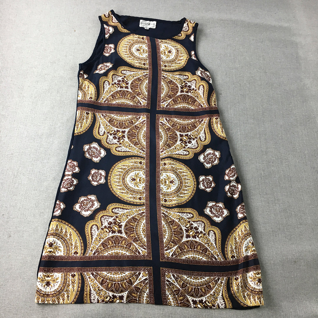 Oscar St Womens Mini Dress Size S Navy Blue Brown Paisley A-Line Sleeveless