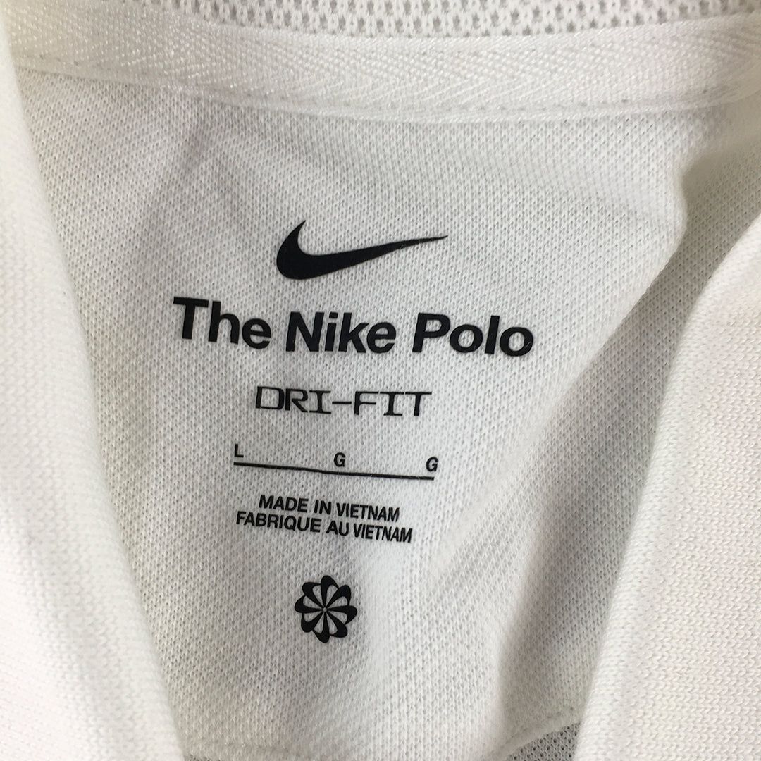 Nike Dri-Fit Mens Polo Shirt Size L White Collared Short Sleeve Golf Rugby