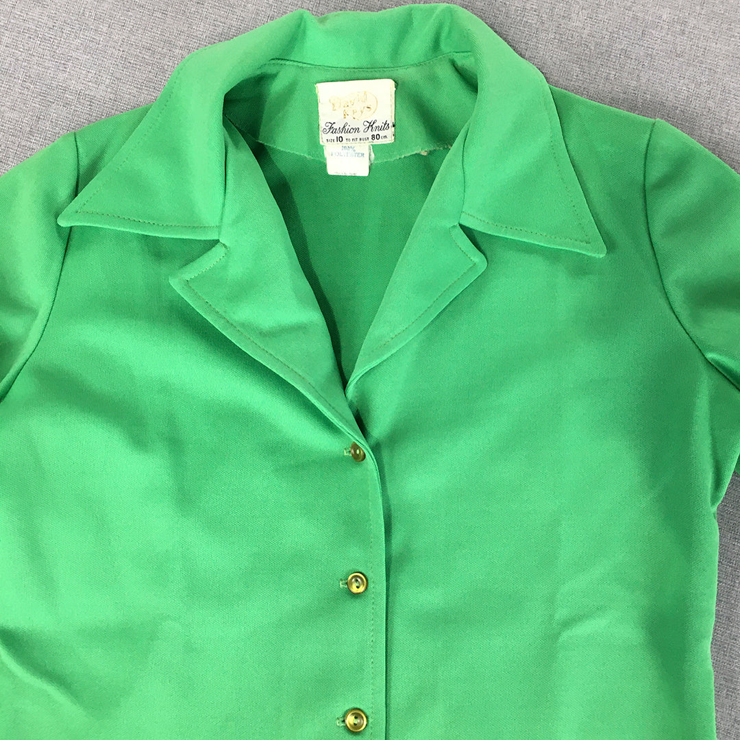 Vintage 70s 80s David Keys Womens Top Size 10 Green Button-Up Shirt