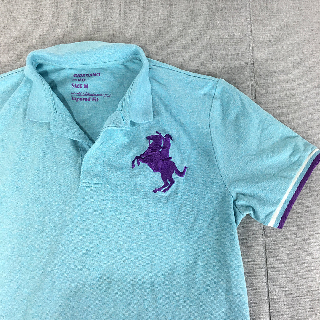 Giordano Mens Polo Shirt Size M Tapered Fit Blue Purple Logo Collared Rugby