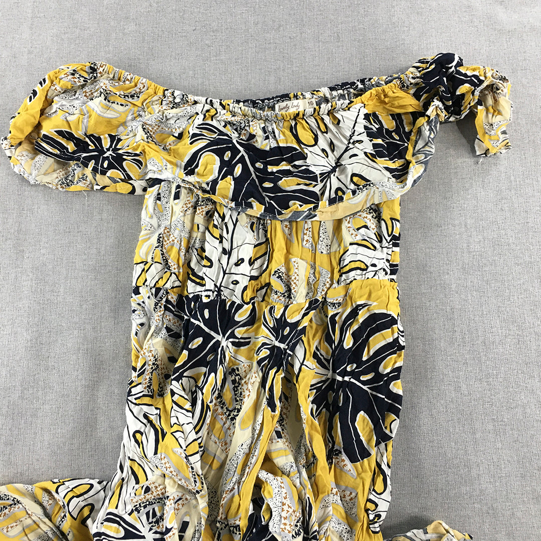 Lovely Lady Womens A-Line Dress Size 16 Yellow Floral Midi Off The Shoulder