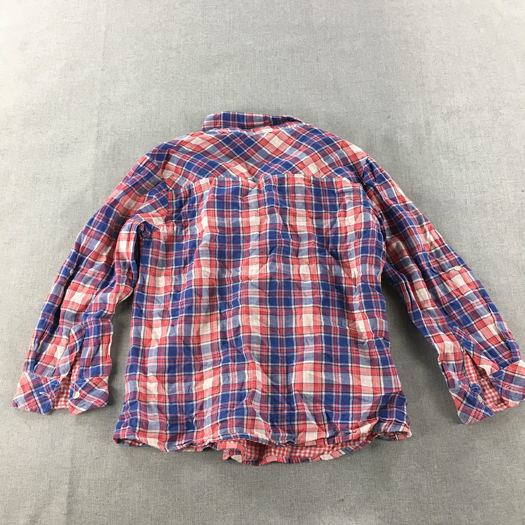 Chm Womens Flannel Shirt Size S Blue Red Checkered Long Sleeve Button-Up