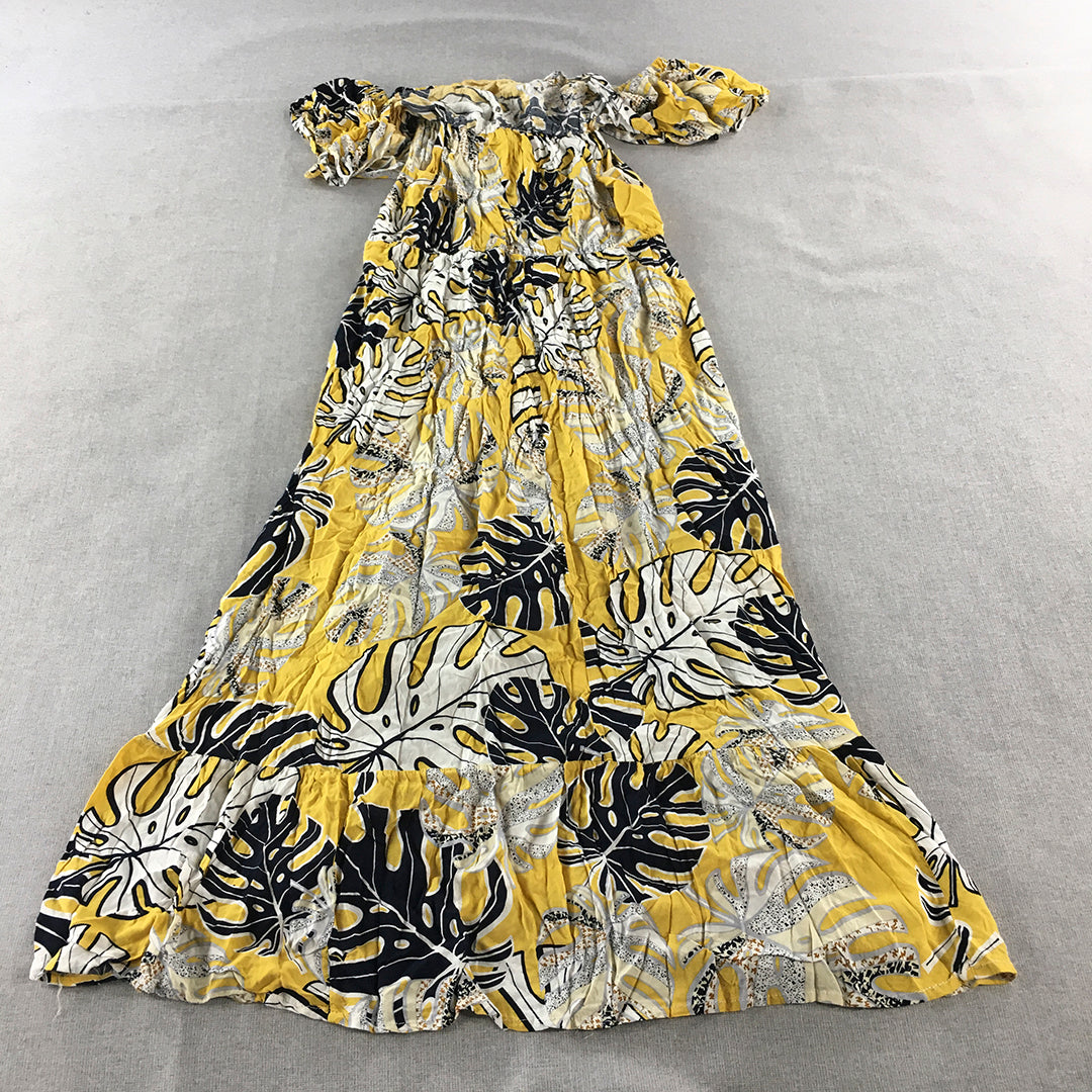 Lovely Lady Womens A-Line Dress Size 16 Yellow Floral Midi Off The Shoulder