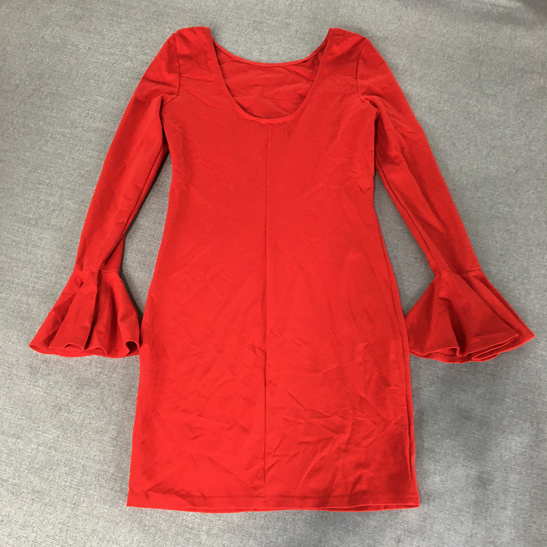 Mika & Gala Womens Mini Dress Size 8 Red Long Sleeve Flared Cuffs Stretch