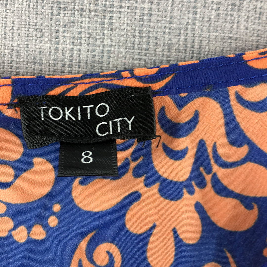 Tokito City Womens Mini Dress Size 8 Blue Orange Floral Baroque A-Line