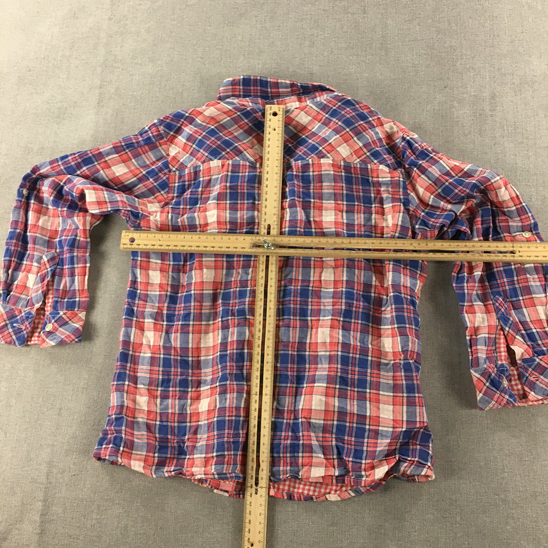 Chm Womens Flannel Shirt Size S Blue Red Checkered Long Sleeve Button-Up