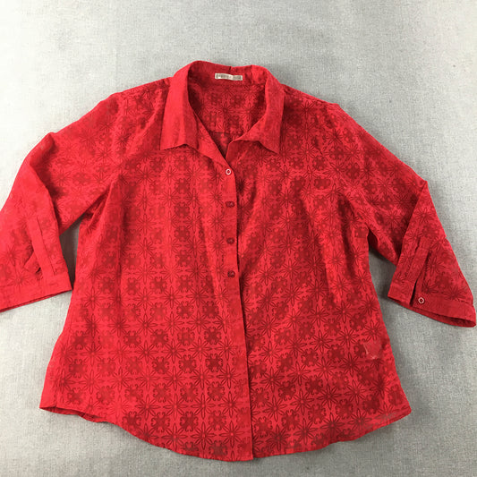 Regatta Womens Top Size 16 Red Floral Button-Up Long Sleeve Blouse