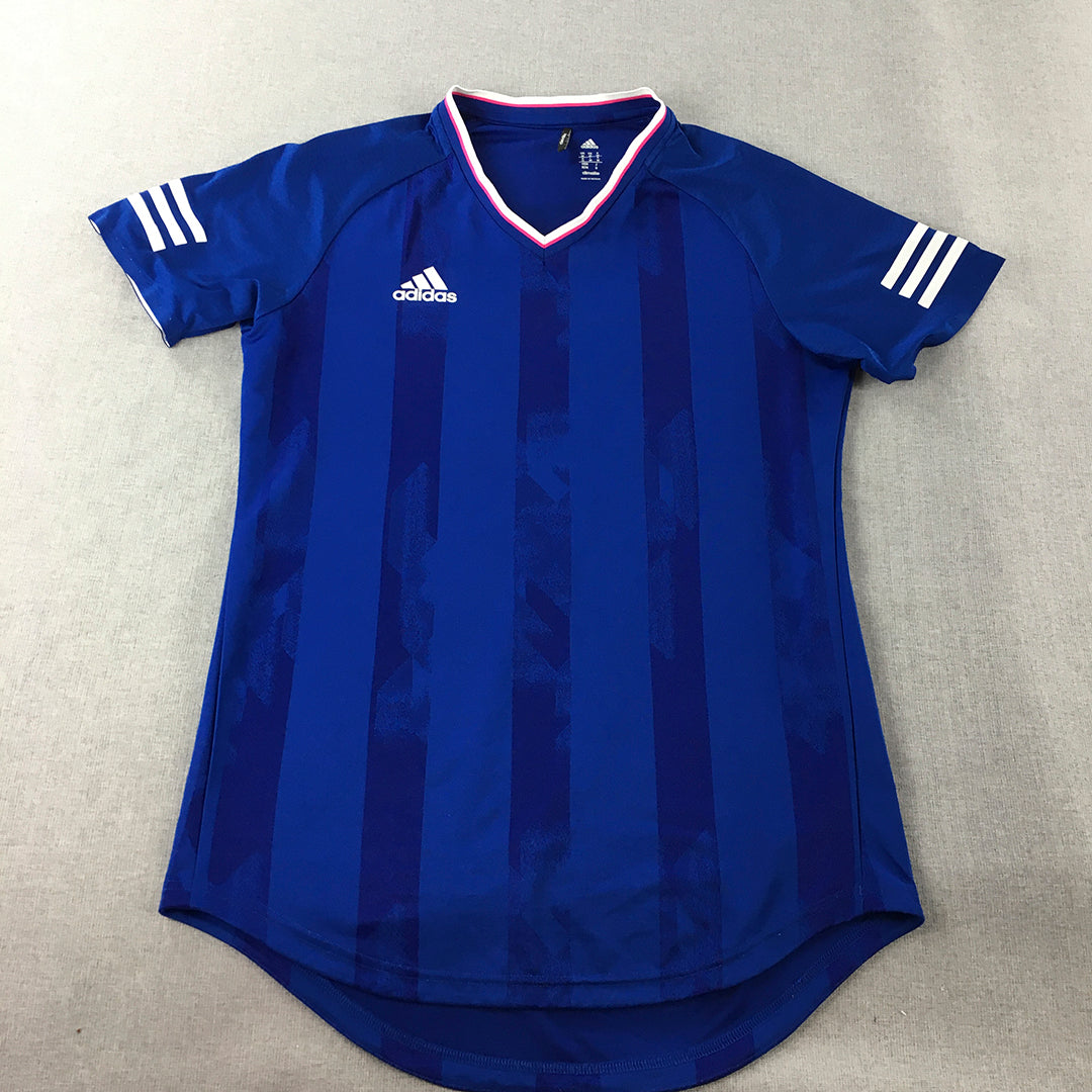 Adidas Mens Football Jersey Shirt Size M Blue Striped Short Sleeve Climalite