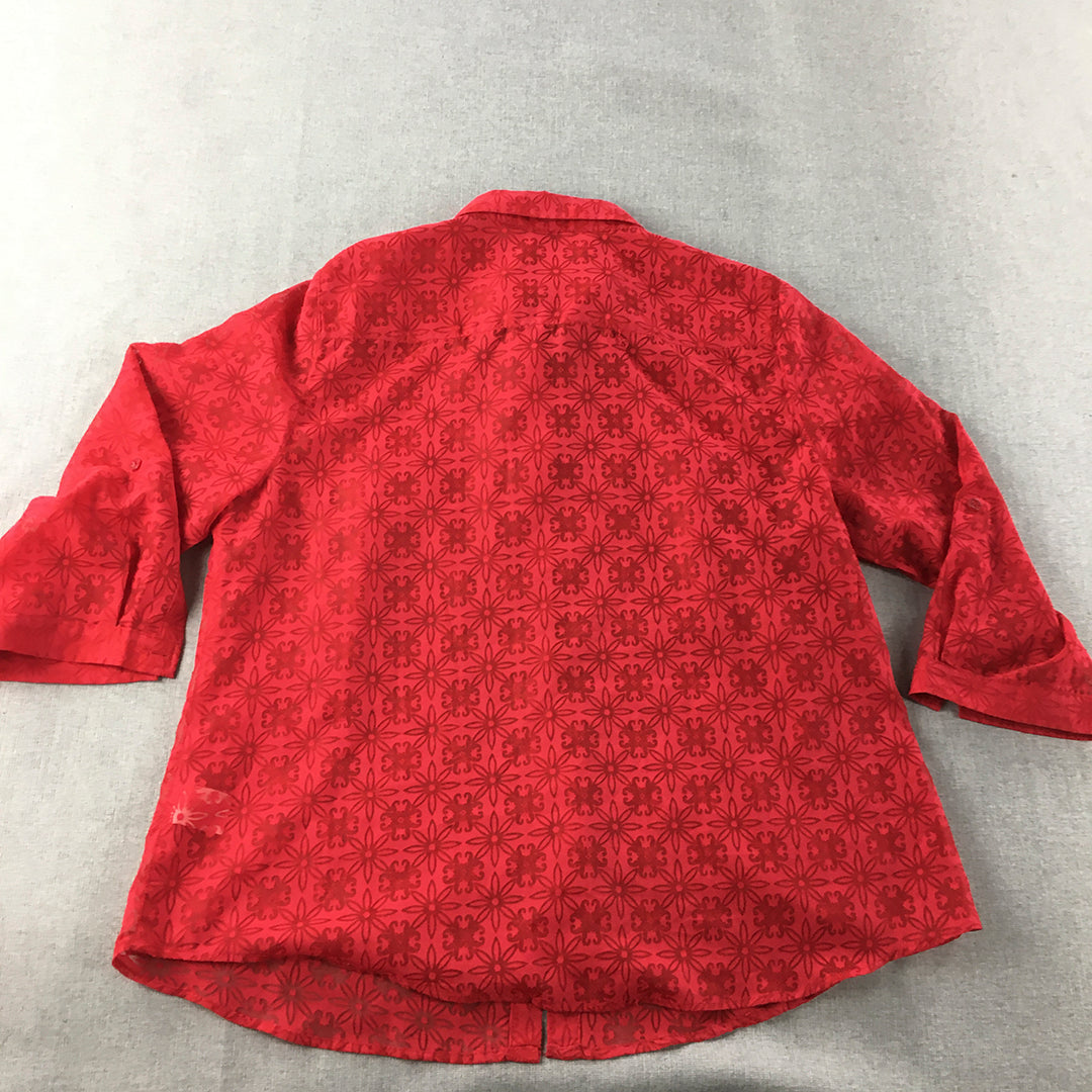 Regatta Womens Top Size 16 Red Floral Button-Up Long Sleeve Blouse