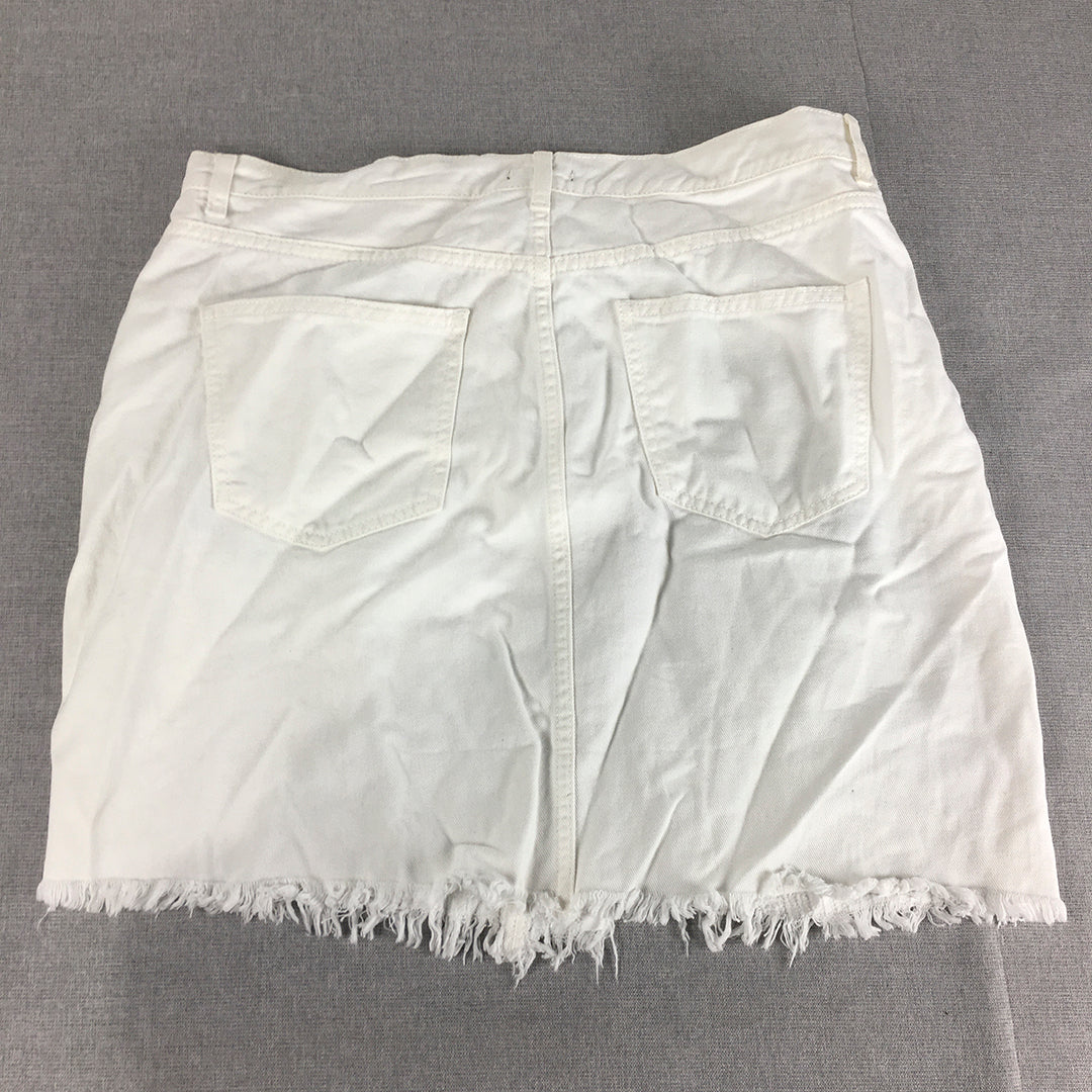 Boohoo Womens Denim Mini Skirt Size 16 White Ripped Raw Hem Pockets