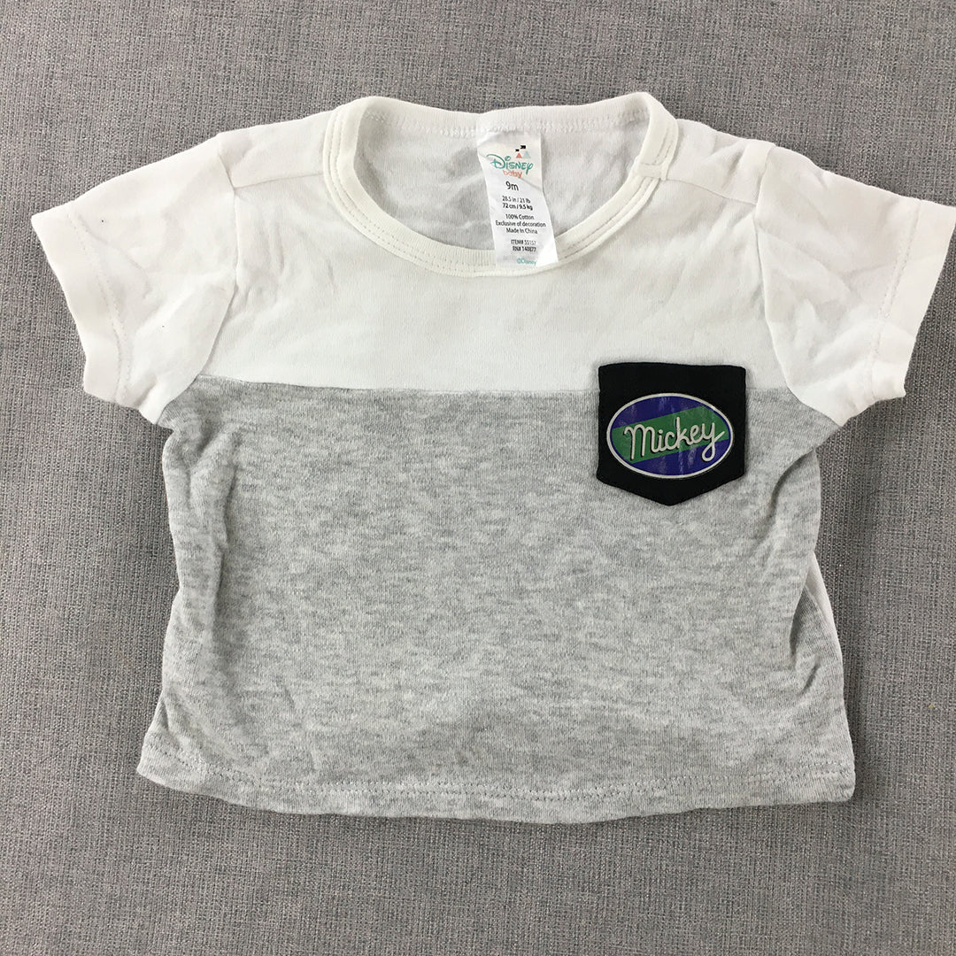 Disney Mickey Mouse Baby T-Shirt Size 9 - 12 Months White Grey Pocket Top