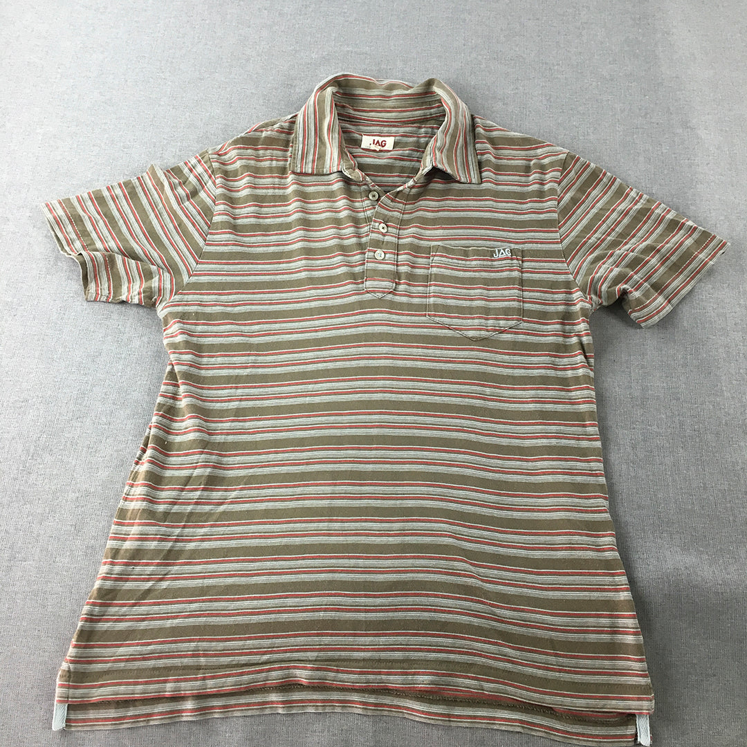 Jag Mens Polo Shirt Size M Brown Striped Collared Logo Pocket Collared Rugby