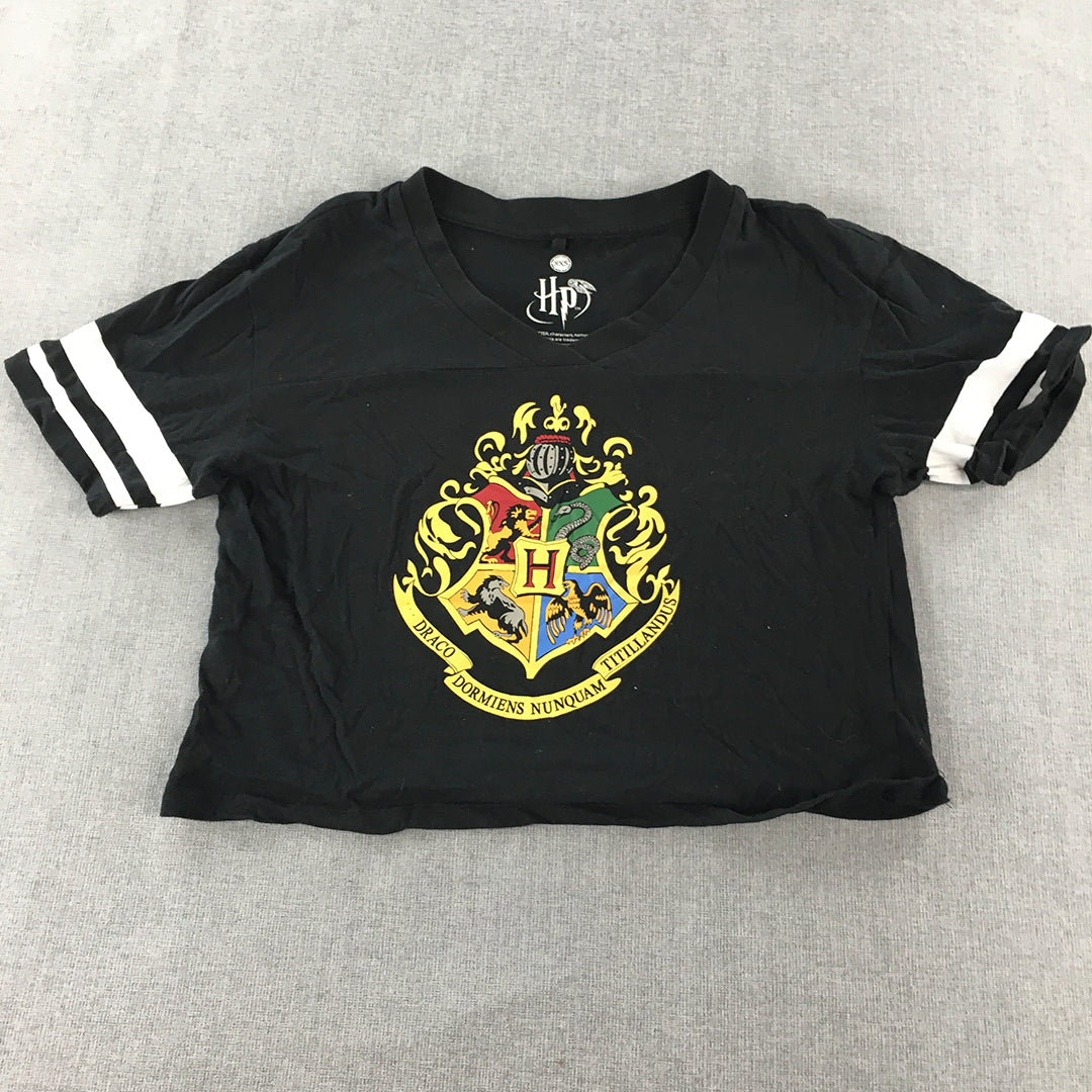 Harry Potter Womens Cropped Top Size XXS Black Hogwarts Logo Short Sleeve