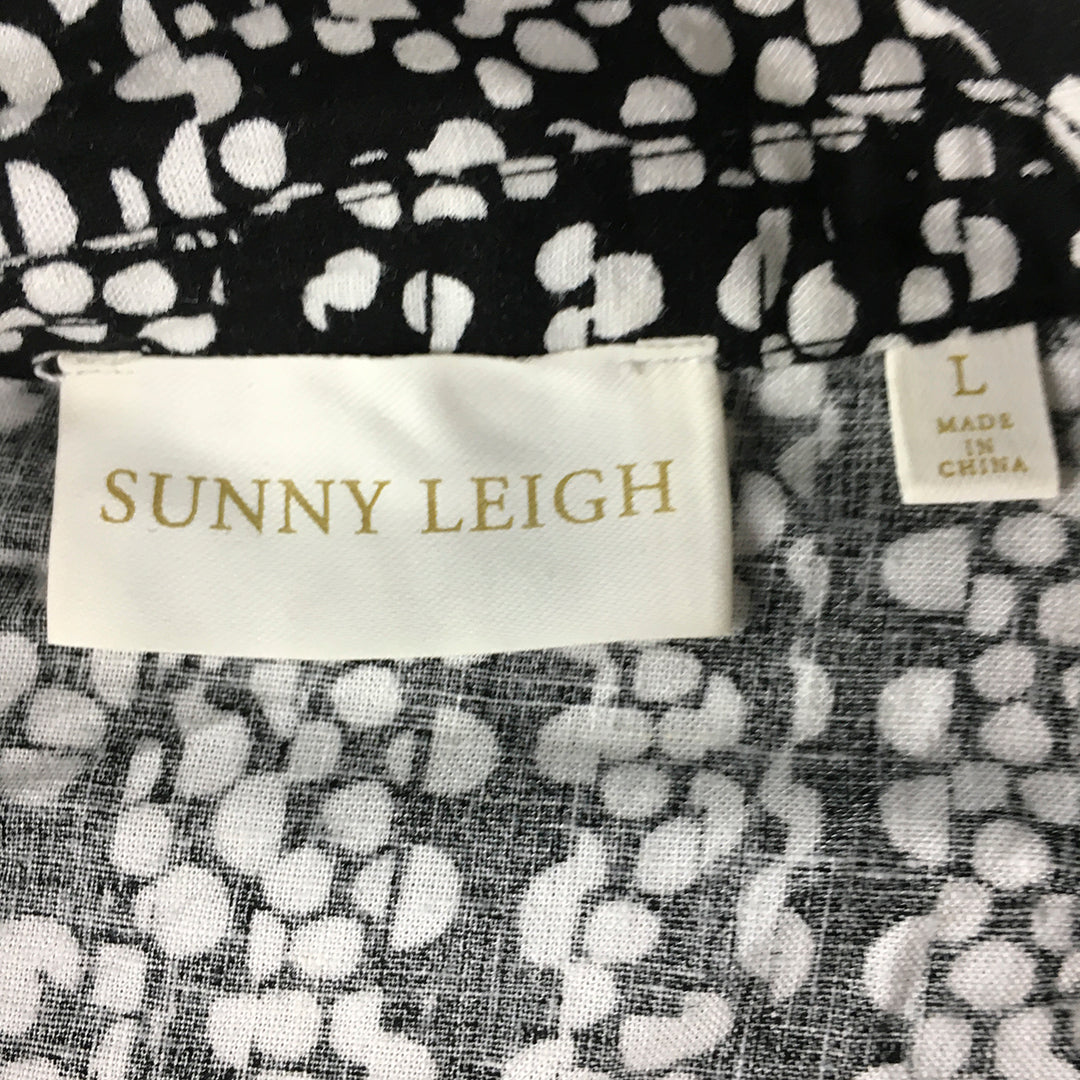 Sunny Leigh Womens Linen Top Size L Black White Dot Long Sleeve Button Up