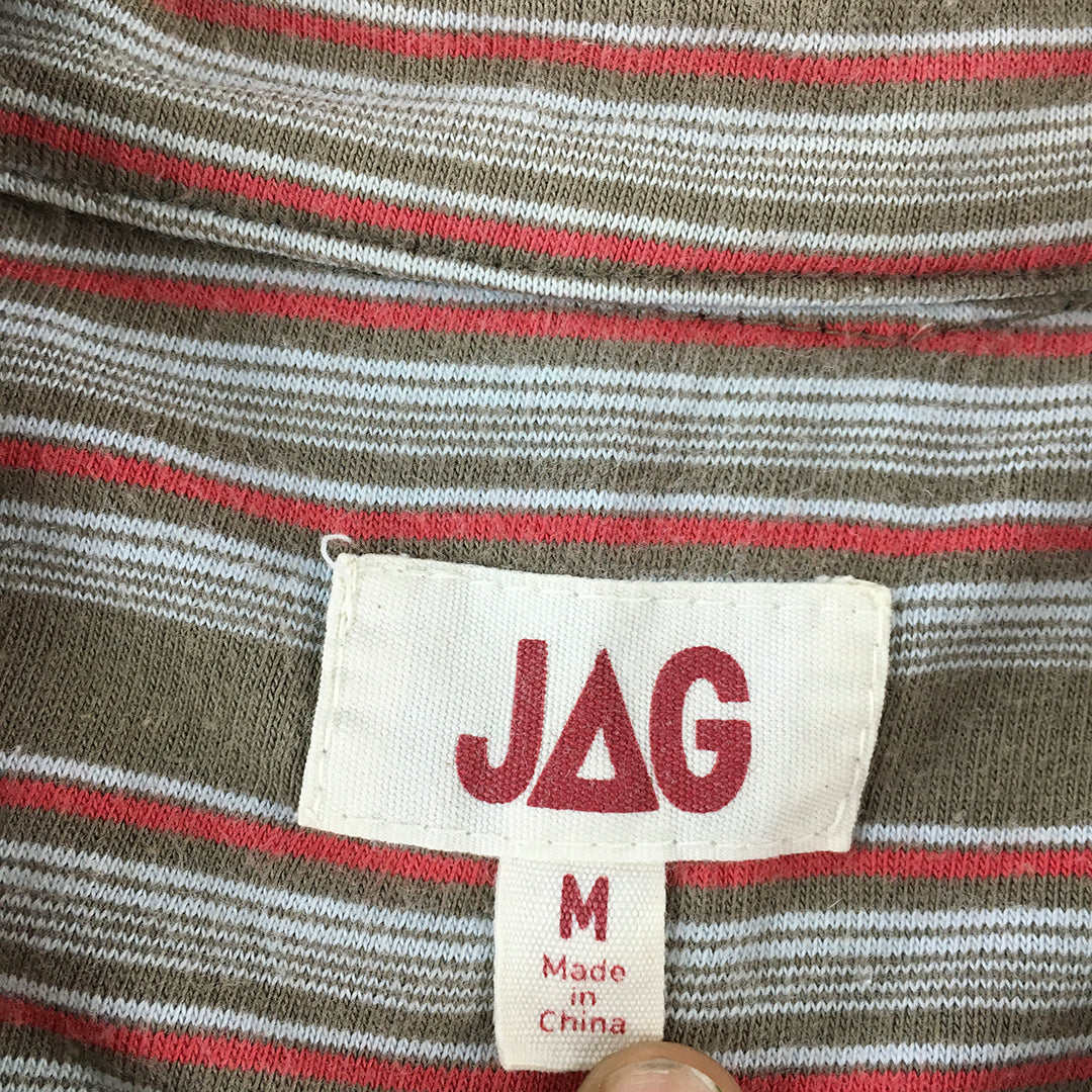 Jag Mens Polo Shirt Size M Brown Striped Collared Logo Pocket Collared Rugby