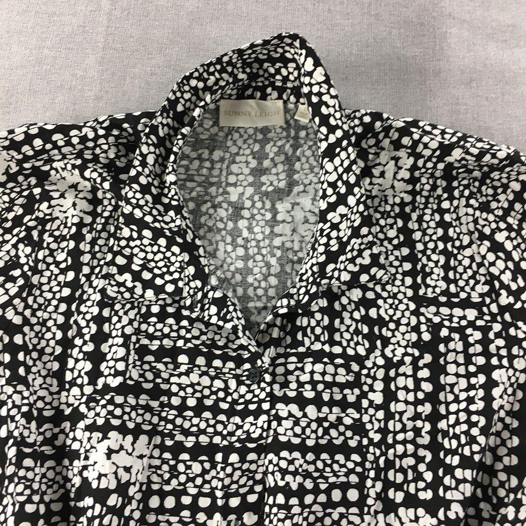 Sunny Leigh Womens Linen Top Size L Black White Dot Long Sleeve Button Up