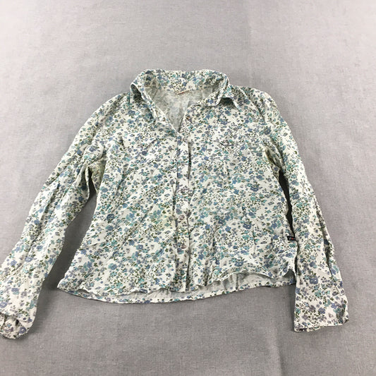 Vintage Flower Womens Top Size 4 White Blue Green Floral Button-Up