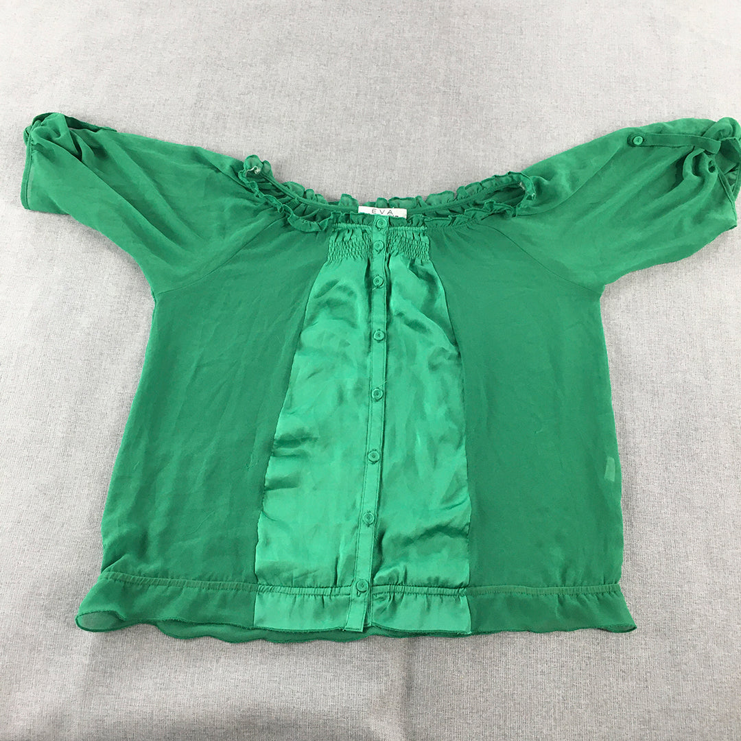 Eva Australia Womens Top Size 10 Green Button Short Sleeve Blouse