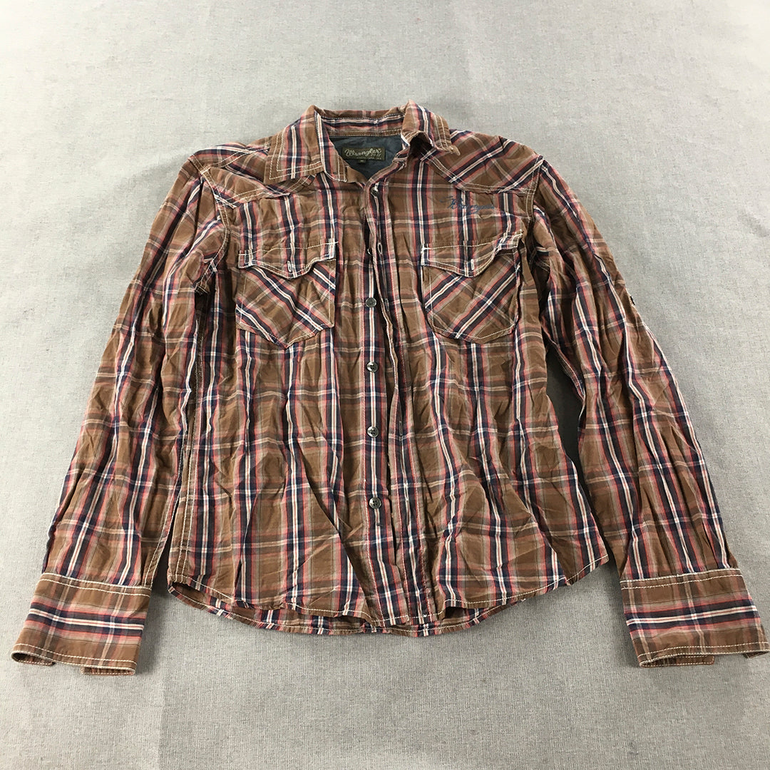 Vintage Wrangler Womens Shirt Size M Brown Checkered Logo Button-Up Western