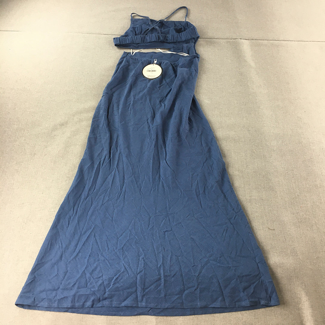 NEW Shareen Collections Linen Maxi Dress Size 10 Blue Spaghetti Strap A-Line