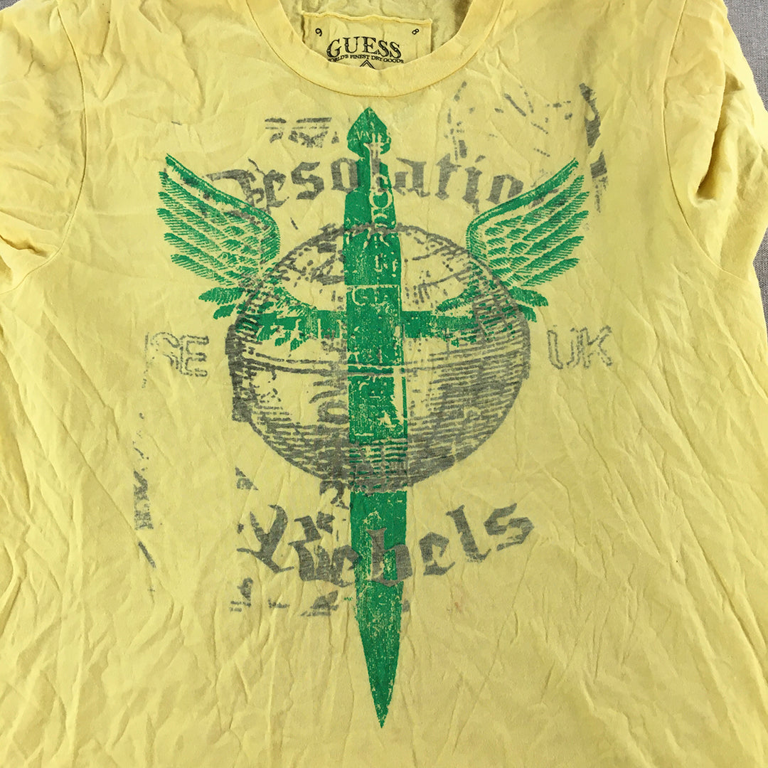 Guess Mens T-Shirt Size M Yellow Grunge Logo Short Sleeve Tee