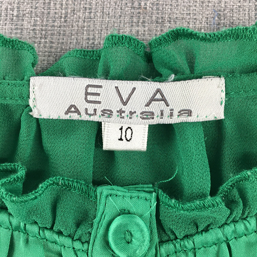 Eva Australia Womens Top Size 10 Green Button Short Sleeve Blouse