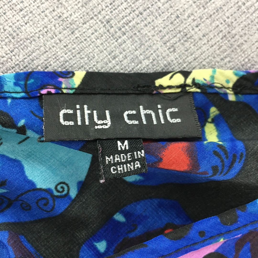 City Chic Womens Shift Dress Size M Black Blue Skull Pattern