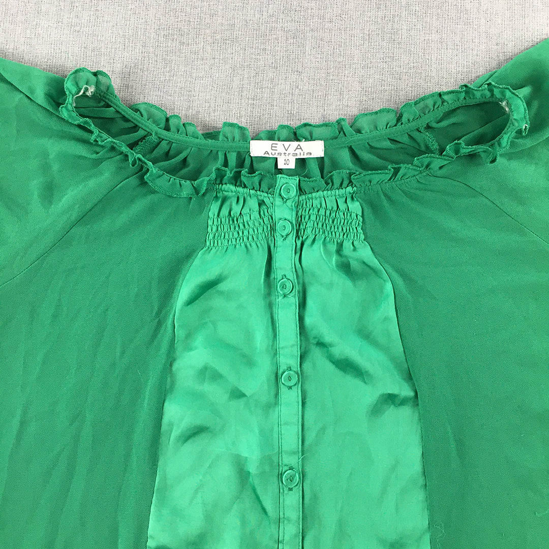 Eva Australia Womens Top Size 10 Green Button Short Sleeve Blouse