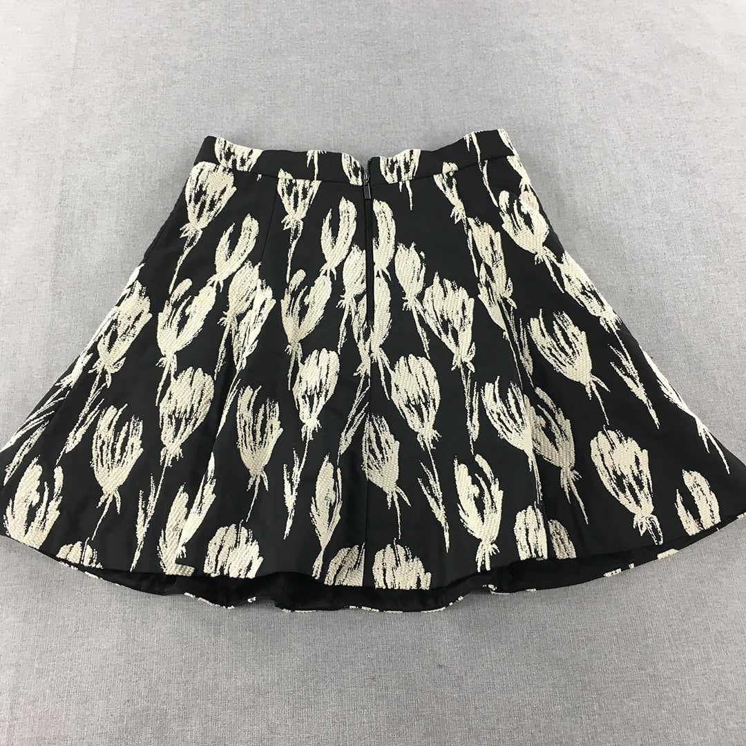 Cue In The City Womens A-Line Skirt Size 10 Black White Floral