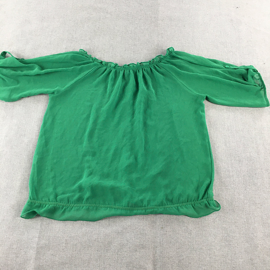 Eva Australia Womens Top Size 10 Green Button Short Sleeve Blouse