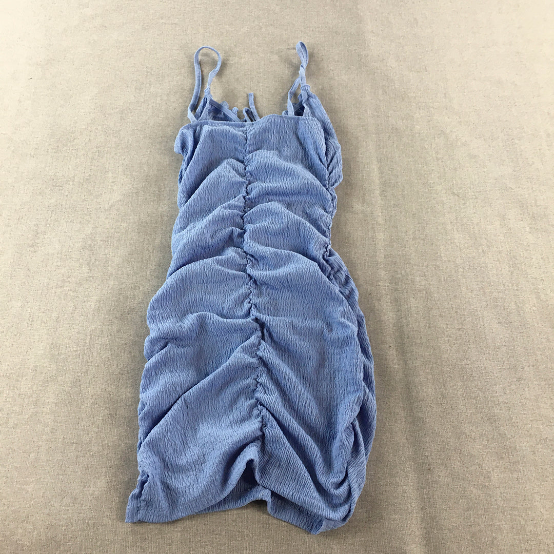 H&M Womens Ruched Bodycon Mini Dress Size S Blue Spaghetti Strap