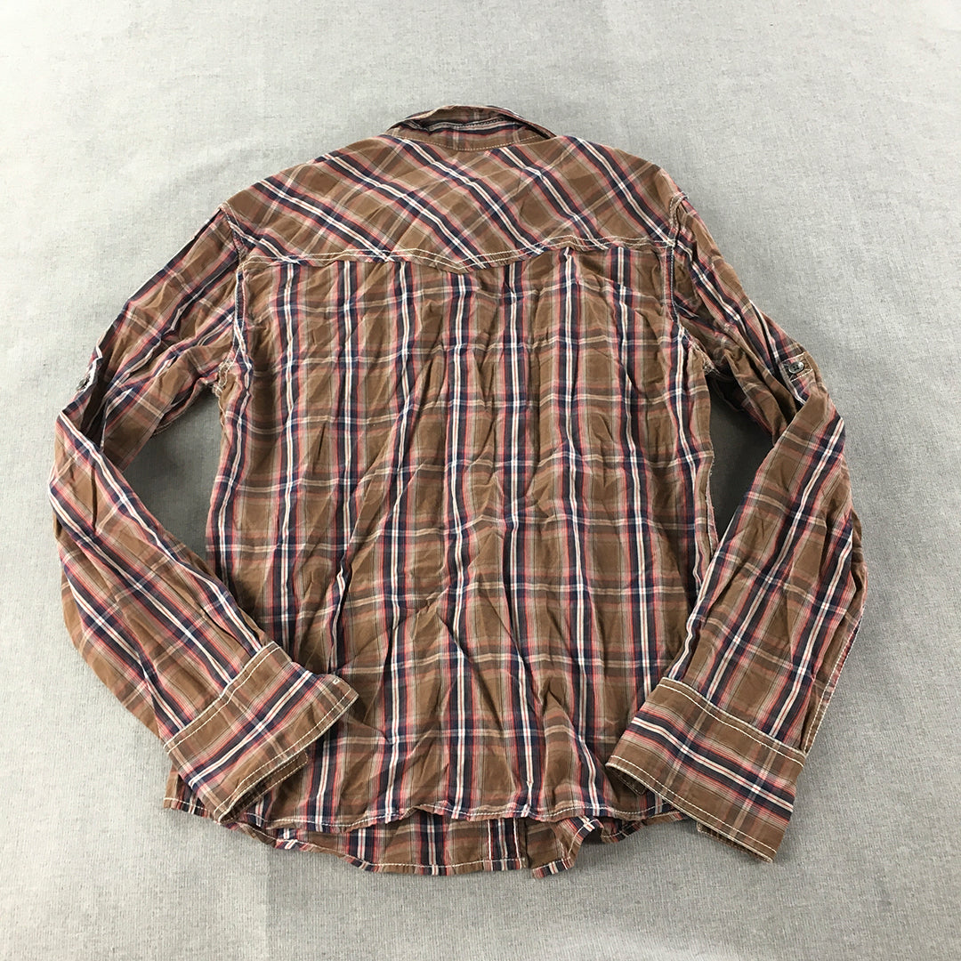 Vintage Wrangler Womens Shirt Size M Brown Checkered Logo Button-Up Western