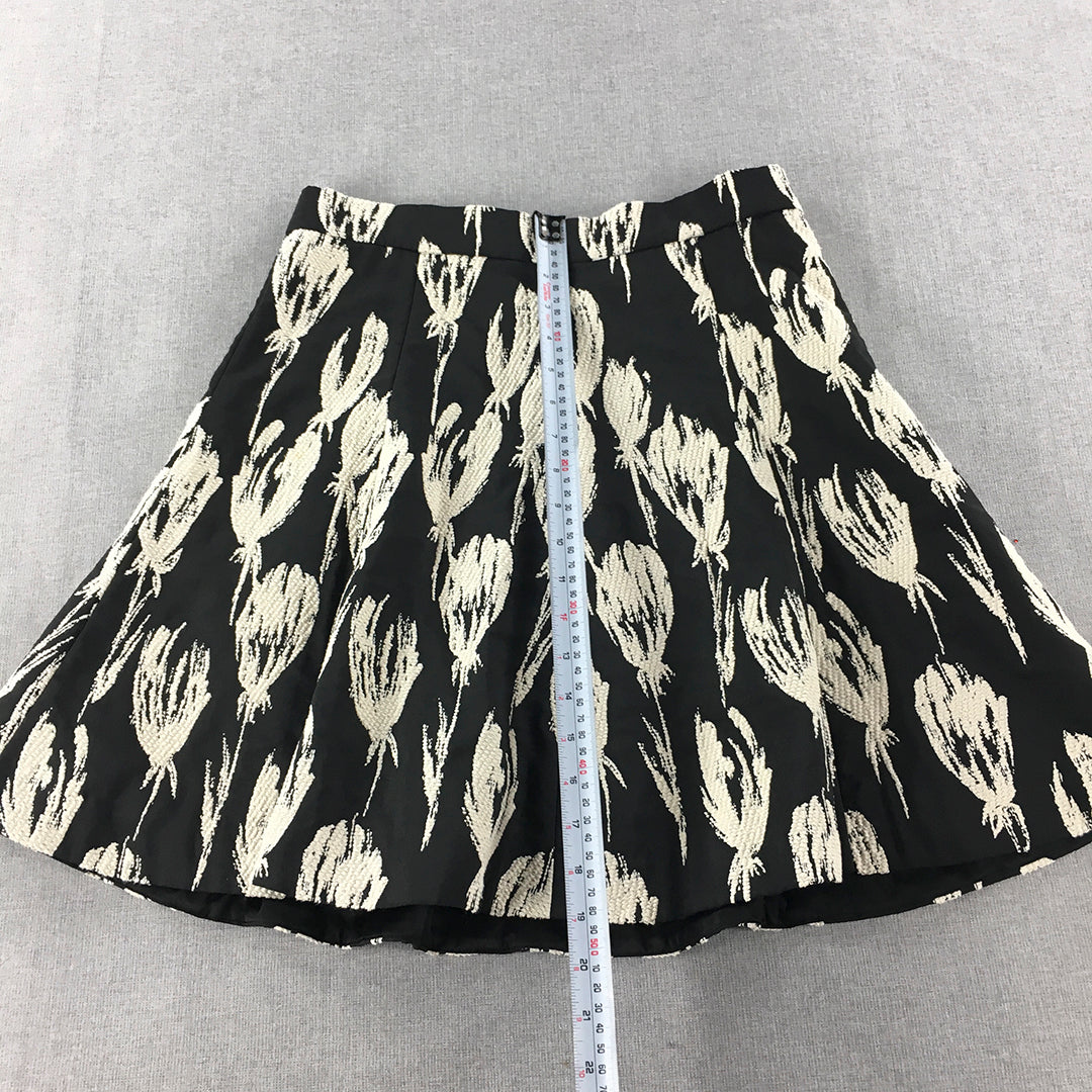 Cue In The City Womens A-Line Skirt Size 10 Black White Floral