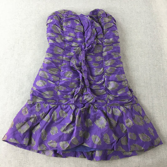 Seduce Womens Silk Linen Strapless Mini Dress Size 8 Purple Ruched Dot