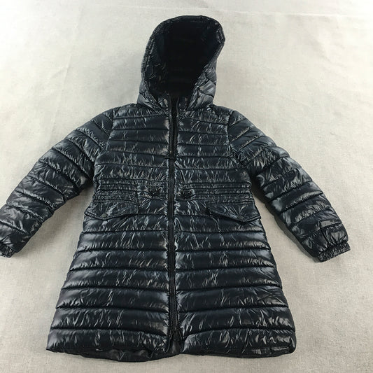 Zara Kids Puffer Coat Size 9 Navy Blue Zip-Up Hood Long Pockets Coat