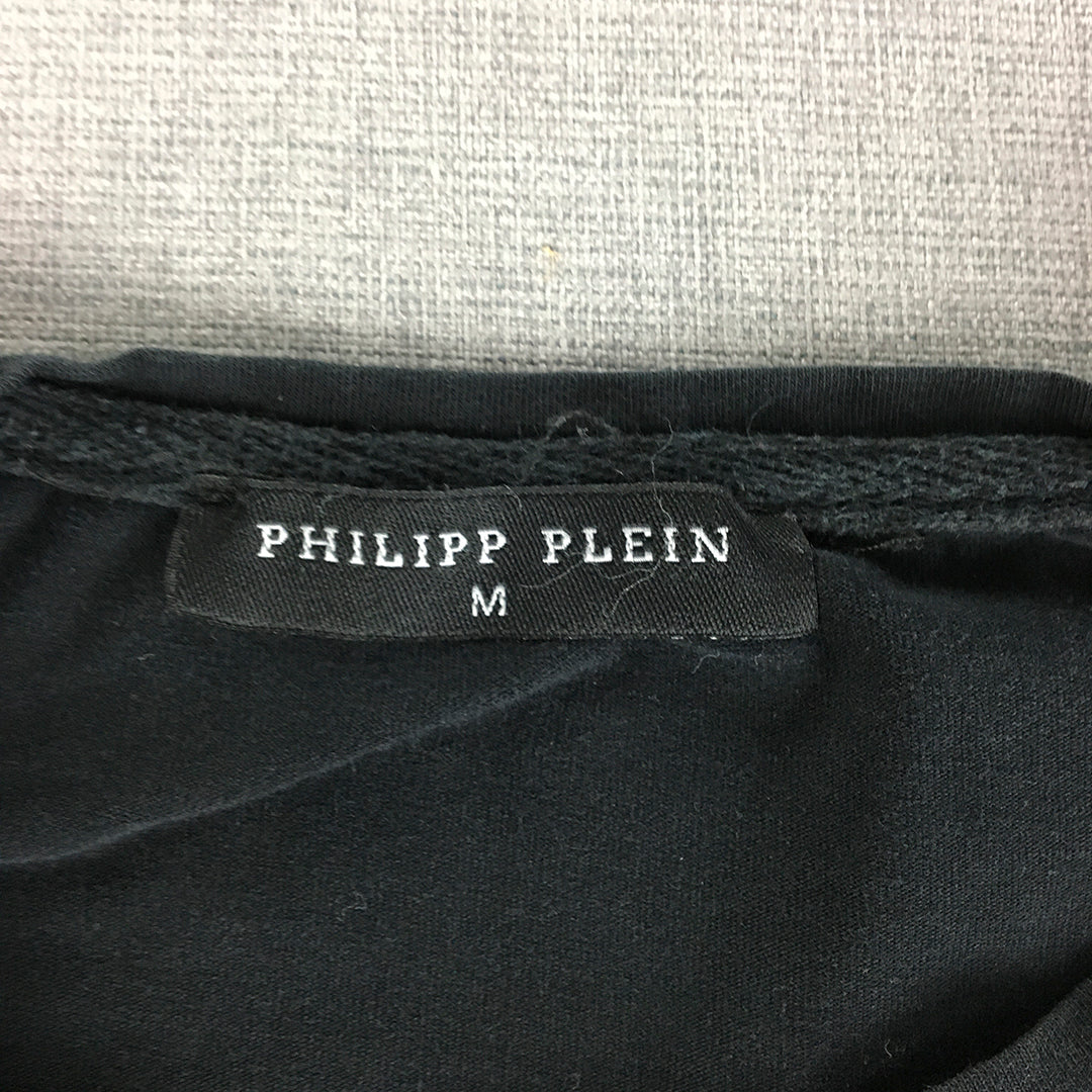 Philipp Plein Womens Shirt Size M Black Embossed Logo Crew Neck Long Sleeve