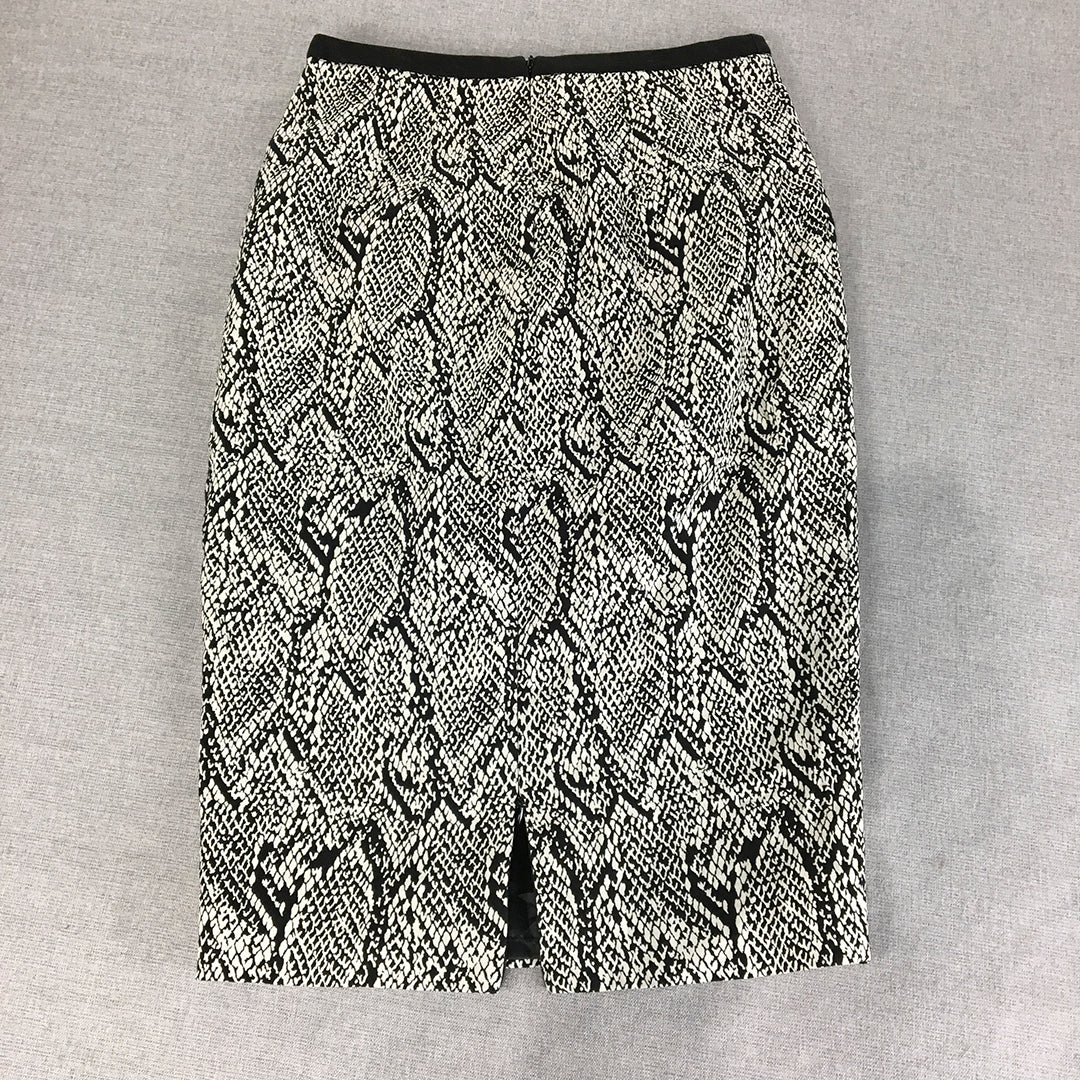 Veronika Maine Womens Midi Skirt Size 8 White Black Snakeskin Pattern Straight