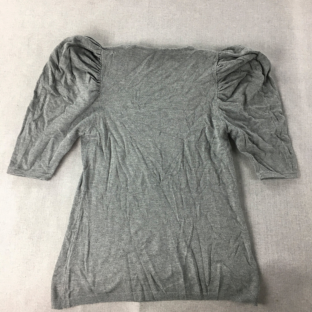 Zara Womens T-Shirt Size M Grey V-Neck Ruched Short Sleeve Top