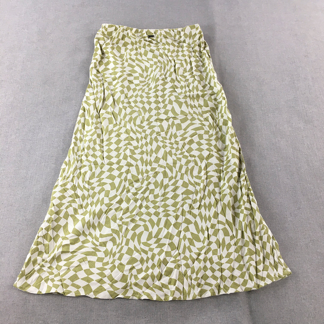 Ghanda Womens Linen Maxi Skirt Size XS Green White Checkered A-Line