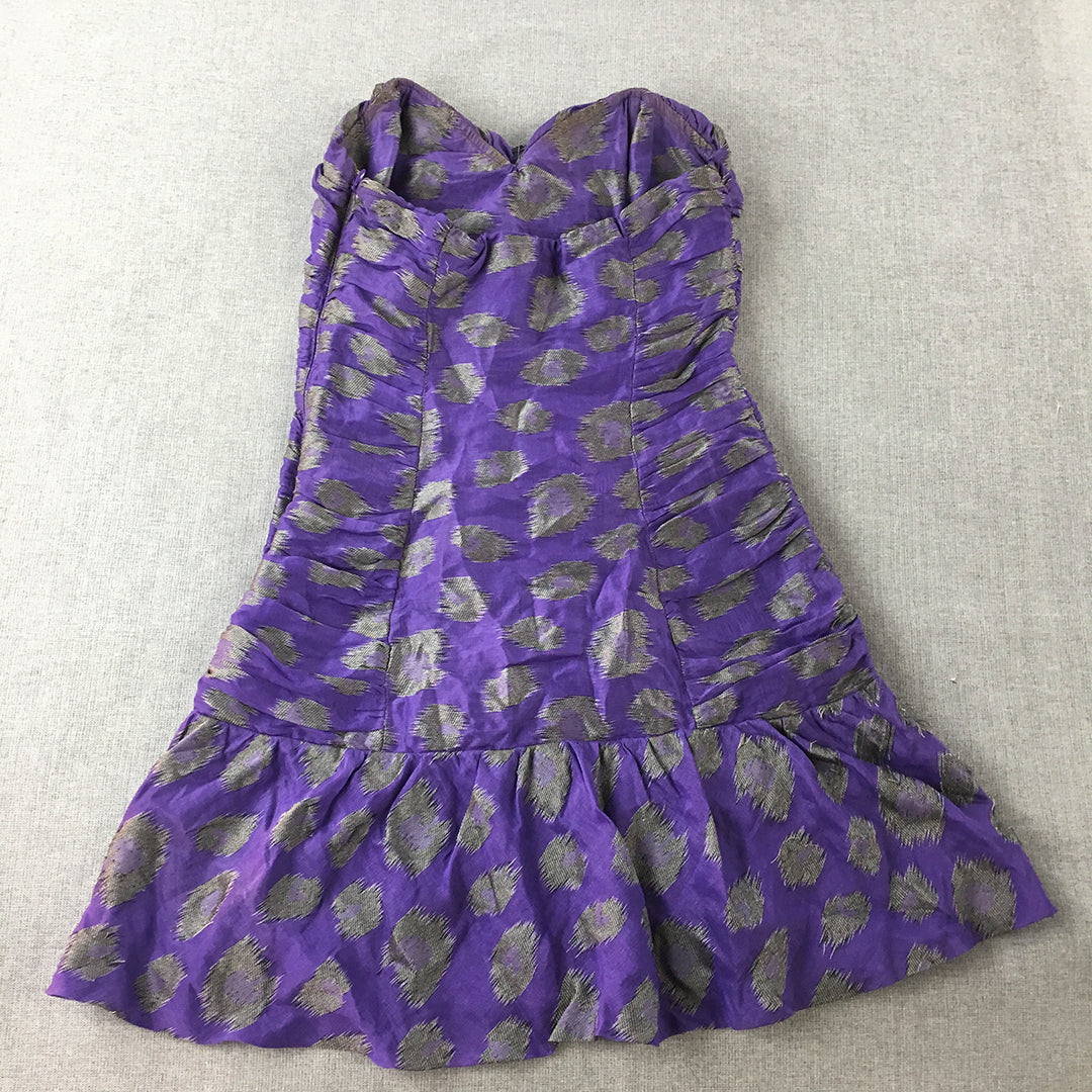 Seduce Womens Silk Linen Strapless Mini Dress Size 8 Purple Ruched Dot