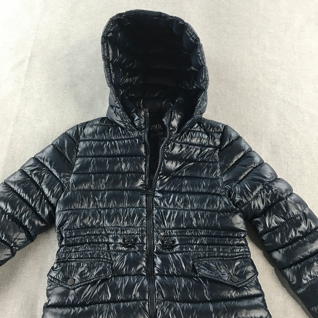 Zara Kids Puffer Coat Size 9 Navy Blue Zip-Up Hood Long Pockets Coat