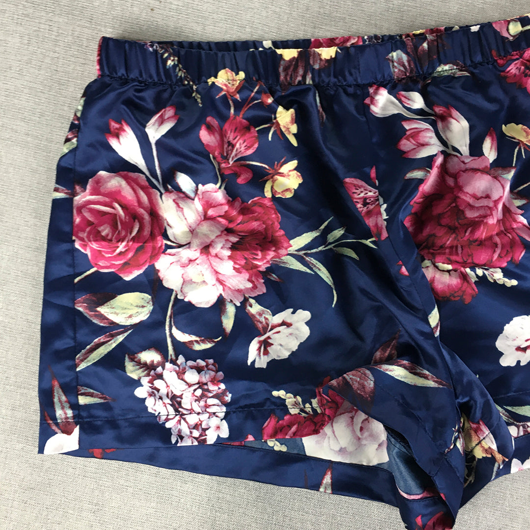 Chloe & Lola Womens Sleep Shorts Size M Blue Red Floral Elastic Waist