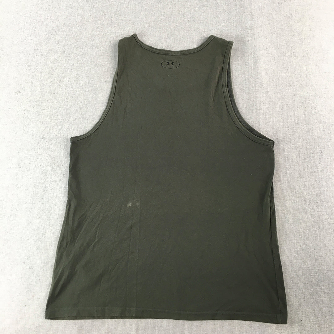 Under Armour Mens Tank Top Size M Khaki Green Sleeveless Logo Shirt